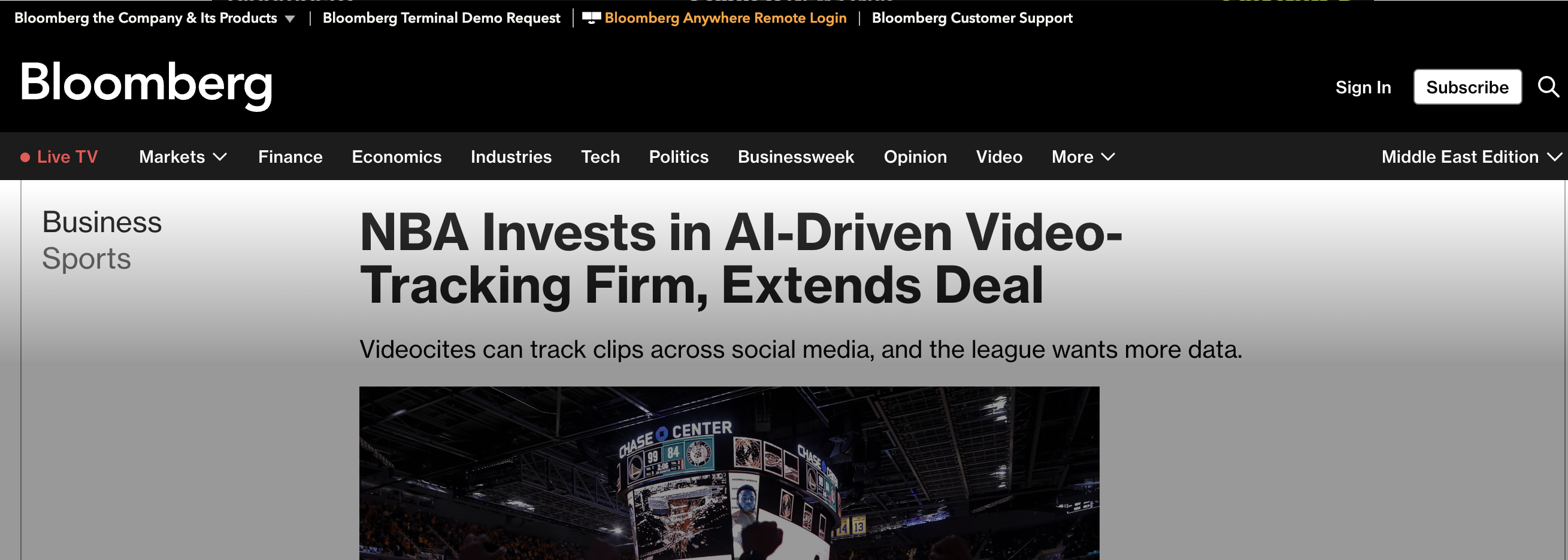 Bloomberg - NBA Invests in AI-Driven Video-Tracking Firm
